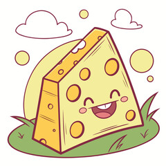A cheerful cartoon wedge of swiss cheese with a happy face and rosy cheeks sits on green grass under a yellow sun and fluffy clouds
