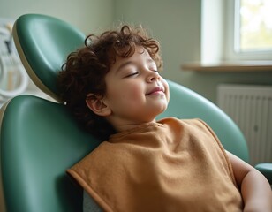 Mixed race boy sleeping peacefully in dentist chair during daytime. Child rests calmly in clinic, experiencing comfort and relaxation. Soft light fills the quiet, hygienic medical room.