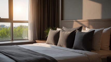 Serene morning view of a simply styled hotel bedroom with soft pillows and natural light.