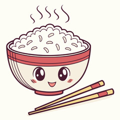 A cheerful kawaii bowl of steaming white rice with cute eyes and blush cheeks accompanied by chopsticks on a light background