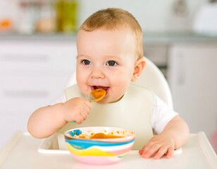 Happy baby enjoying colorful food in a bright kitchen
