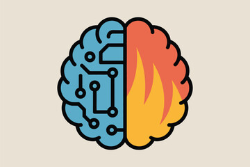 Illustration of a brain divided in half with circuits on one side and flames on the other side