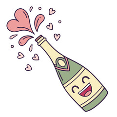 A happy cartoon champagne bottle is joyfully spraying pink hearts and bubbles celebrating love and happiness with a cheerful expression