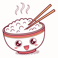 A happy bowl of steaming rice with chopsticks and a cute kawaii face illustration