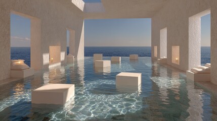 Naklejka na ściany i meble Light-filled, minimalist spa overlooking the sea