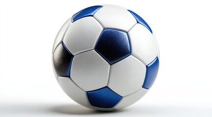 A classic soccer ball, predominantly white, with black and dark blue pentagonal and hexagonal panels, sits on a stark white background, casting a subtle shadow