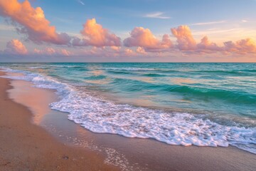 Coastal sunrise, soft pink clouds over turquoise water.  Golden sand beach meets gentle waves