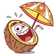 A happy cartoon coconut character with a straw and a colorful umbrella enjoys a refreshing drink on a hot summer day with water splashes