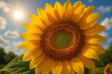 Obraz premium A single large sunflower stands tall, bathed in bright sunlight under a clear blue sky.