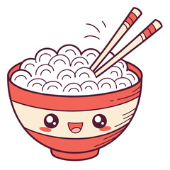 Adorable kawaii bowl of rice with chopsticks and a happy smiling face illustration
