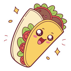 Adorable kawaii taco character with big eyes and happy expression decorated with sparkles and stars perfect for food illustrations