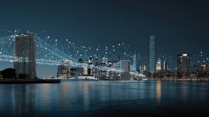 Naklejka premium Modern City Skyline at Night with Digital Network Overlay and Reflections