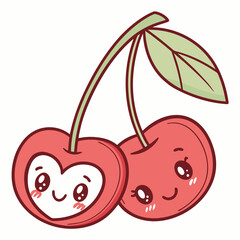 Cute kawaii cherries with happy faces and a heart shape on one cherry adorable fruit illustration for children s designs