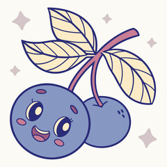 Cute happy blueberry character with leaves and sparkles on a light background kawaii style illustration for children