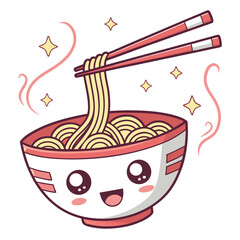 Cute kawaii ramen bowl with chopsticks holding noodles and steam rising with sparkles and stars isolated on white background