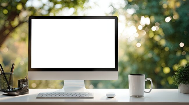 A clean, modern desktop computer with blank screen sits on a white desk,  a keyboard and mouse are nearby, with a mug and pen holder in view,