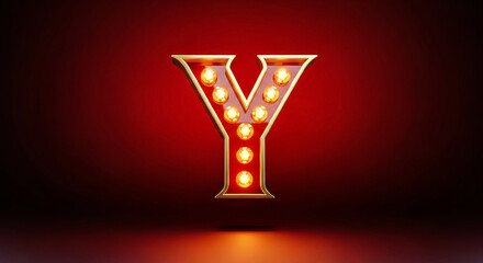 A vintage marquee letter y shines with warm light against a deep red background exuding a sense of classic hollywood and showmanship