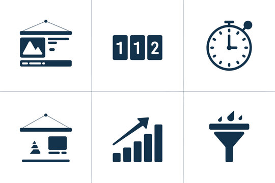 A set of six dark blue icons on a white background depicting business and data related concepts