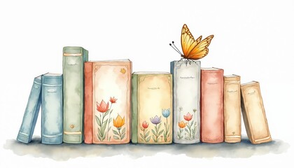 Charming watercolor illustration displays collection of children first books featuring whimsical covers with floral designs. Orange butterfly rests atop stack of pastel-colored books, including