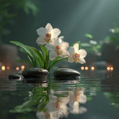 Peaceful white orchids on stones in water