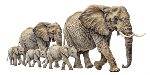 realistic elephant family herd walking grayscale wildlife illustration multiple generations baby adult