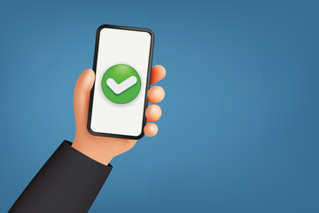 Hand Holding Smartphone with Green Check Mark, Success, Confirmation, and Approval Concept