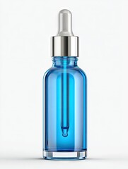 A clear, cylindrical blue glass bottle with a silver-capped dropper, filled with a vibrant blue liquid, stands against a stark white background