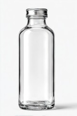 A clear, cylindrical glass bottle with a silver screw-top lid stands on a white background, casting a subtle shadow.  Its simple design is sleek and elegant