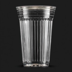 A clear, disposable plastic cup with vertical ribs, slightly tapered, sitting on a black background.  It's empty and shows subtle light reflection