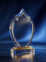 A clear glass award with a gold-trimmed, flame-like design, rests on a reflective surface against a moody blue backdrop.  Its shape is elegant and modern, suggesting achievement or recognition