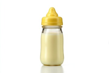 A clear glass baby bottle with a yellow nipple and a creamy liquid inside, sits on a reflective white surface
