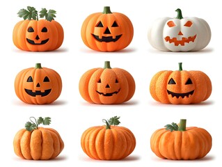 Nine different smiling jack o lanterns, carved pumpkins arranged on a white surface for Halloween season.