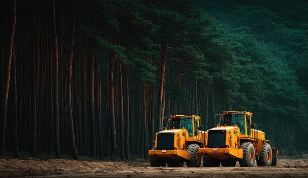 Two yellow bulldozers in a pine forest