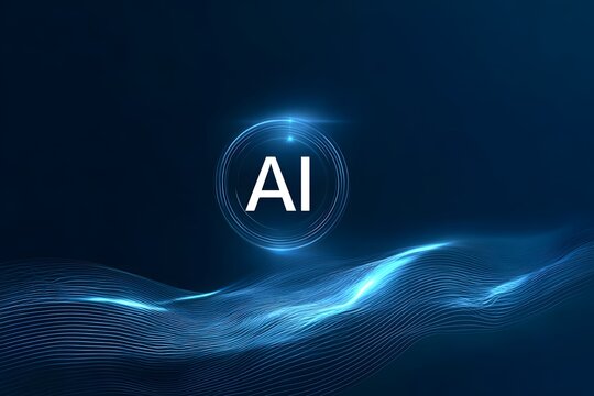 AI logo with a glowing blue light, set against a digital waves background. 3D rendering, 