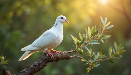 Fototapeta premium White dove with olive branch sits on tree branch. Symbol of peace, hope, goodwill, harmony, forgiveness, calmness. Represents spiritual purity, bright intentions, religious faith, gentleness,