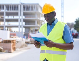Construction Worker Reviewing Plans at Building Site