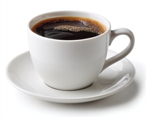 Obraz premium A steaming cup of black coffee in a white ceramic mug, resting on a matching saucer, casting a soft shadow on a white background