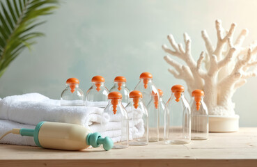 Glass hijama cups with orange tops sit on white towels beside vacuum pump. Set arranged on wooden table, suggesting therapy session. Included decorative white coral branch, green palm frond. Pro
