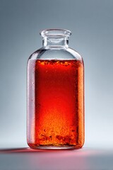 A clear glass bottle, rectangular with rounded edges, contains a vibrant, translucent, reddish-orange liquid. Tiny bubbles are visible within the liquid.  d