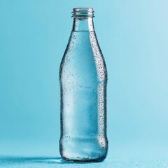 A clear glass bottle, slightly curved, filled with water, condensation visible on its surface, sits against a light-blue backdrop