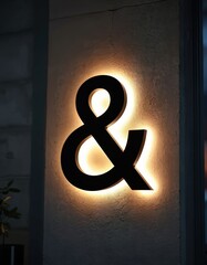 Luminous ampersand symbol on textured wall at night. Warm backlit glow illuminates black three-dimensional character. Represents connection, union, business logos, signage, or information concepts. © Vadym