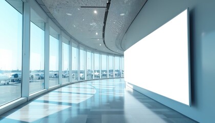 Modern airport corridor features wide panoramic windows overlooking tarmac with airplanes. Large blank billboard awaits advertising content. Sleek interior design with reflective floor tiles.