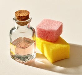 A clear glass bottle with a cork stopper, containing a pale pink liquid, sits beside two pastel-colored cellulose sponges; one pink, one yellow.  Soft light casts shadows