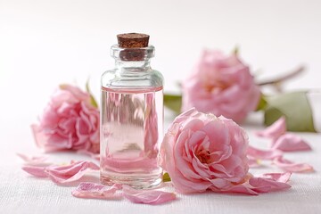 A clear glass bottle with a cork stopper, filled with light pink liquid, sits amidst several pale pink roses and scattered petals on a white background