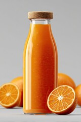 A clear glass bottle with a cork top, filled with bright orange juice, sits on a table near halved and whole oranges