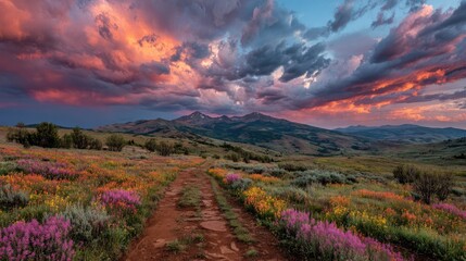 Mountain path at sunset, vibrant wildflowers