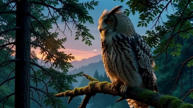 Ultra-realistic 4K Close-up of Owl of Athena Perched in European Forest at Twilight

