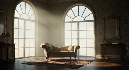 Elegant room with arched windows and vintage furniture