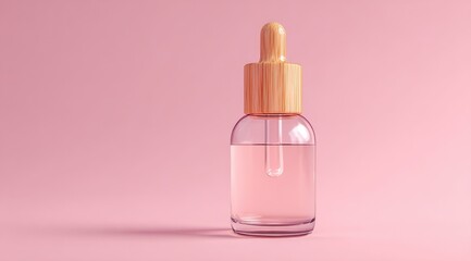 A clear glass bottle with a light pink liquid and a wooden dropper top sits on a pale pink background