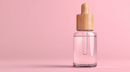 A clear glass bottle with a light wooden dropper top, containing a transparent liquid, sits against a pale pink background